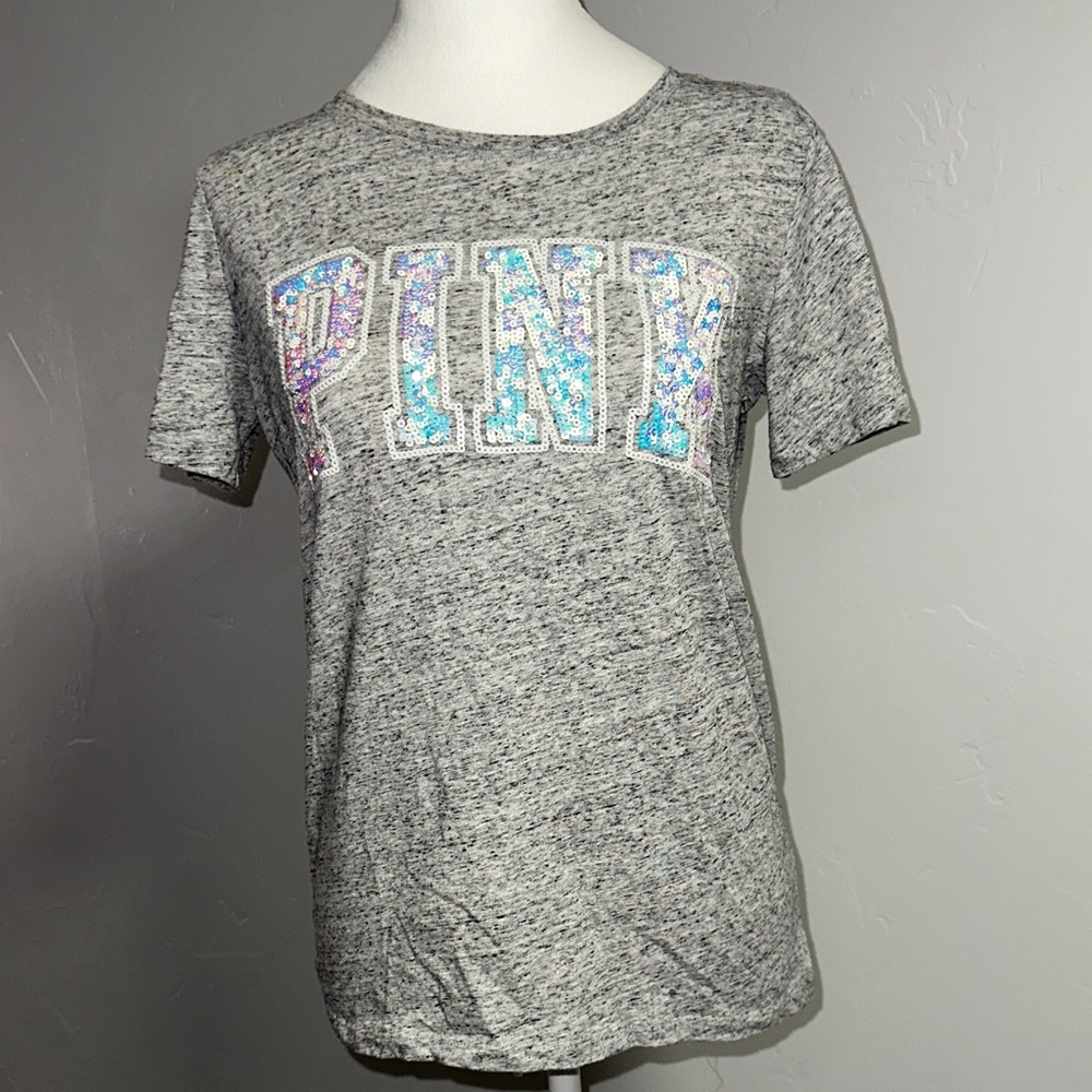 PINK Victoria's Secret Heather Gray Sequin Logo Tee